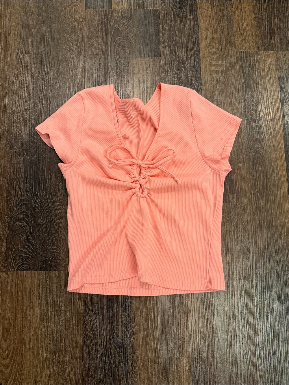 American Eagle Outfitters Coral Pink Ribbed Drawstring Crop Top